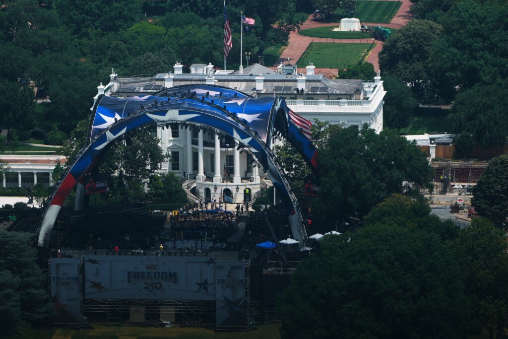 The arena for the UFC Freedom 250 fights is pictured on the South Lawn of the White House in Washington, Thursday, June 11, 2026. (AP Photo/Julia Demaree Nikhinson)