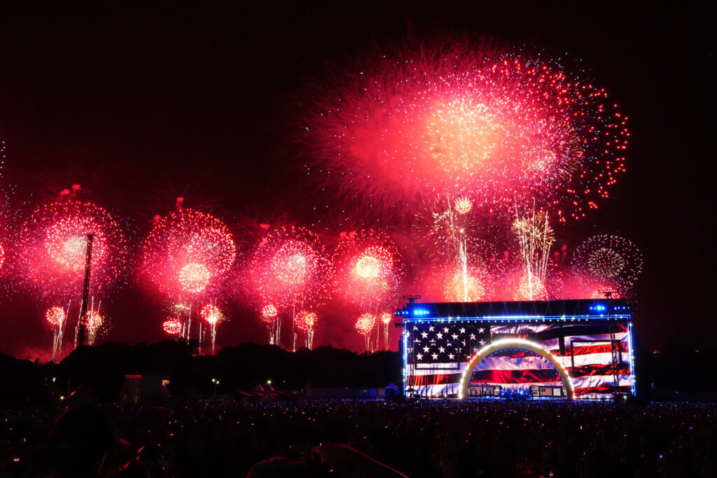 People watch fireworks at Salute to America, an Independence Day event honoring the nation's 250th anniversary, Saturday, July 4, 2026, on the National Mall in Washington. (AP Photo/Julia Demaree Nikhinson)