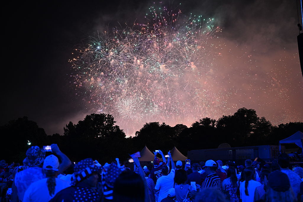 A fireworks display is seen during the "Salute to America" Independence Day celebration on the National Mall in Washington, D.C. in the early morning hours of July 5, 2026. (Photo by Alex WROBLEWSKI / AFP via Getty Images)