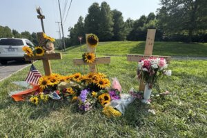 Memorial at intersection in Balmoral neighborhood after crash