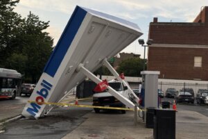 Gas station canopy toppled